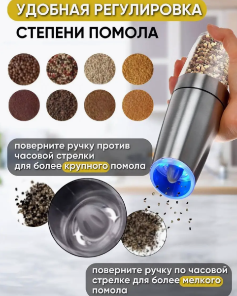 Мельница электрическая для специй с подсветкой, нержавеющая сталь